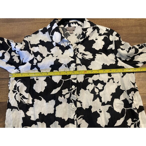 J. Jill Small Petite Floral Top Button Up Long Sleeve Black/White 100% Linen - Picture 6 of 7